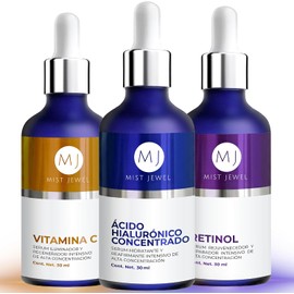 MIST JEWEL Kit de Skincare con 3 Serums Faciales: Vitamina C, Retinol y Ácido Hialurónico + Vitamina E Rutina de sueros faciales Antiedad, Hidratante, Iluminadora Día y noche (KIT facial complete)