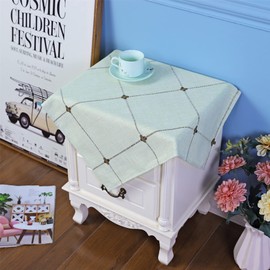 QsyyHome Lattice Small Square Tablecloth Rustic Embroidery Cotton Linen Fabric Green Checkered Table Cover Tablecloths for Kitchen Dining Party Tabletop Decoration, Square 24 in x 24 in