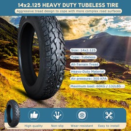 MZBZYU 14x2.125 Tubeless Bike Tire, 14 x 2.125 8PR Nylon Structure Bicycle Neumático, Puncture Proof, Anti-Slip Tread, Max 300kPa, With Angled Valve – Fit Tubeless Ri_m Only