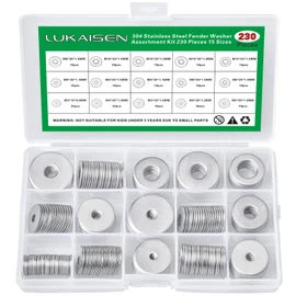 230 Pcs Large Flat Washer Set, 304 Stainless Steel Flat Penny Washers Assortment Kit, 15 Sizes M3/M4/M5/M6/M8/M10/M12 Repair Fender Washer Plain Round Chrome Washers for Screws