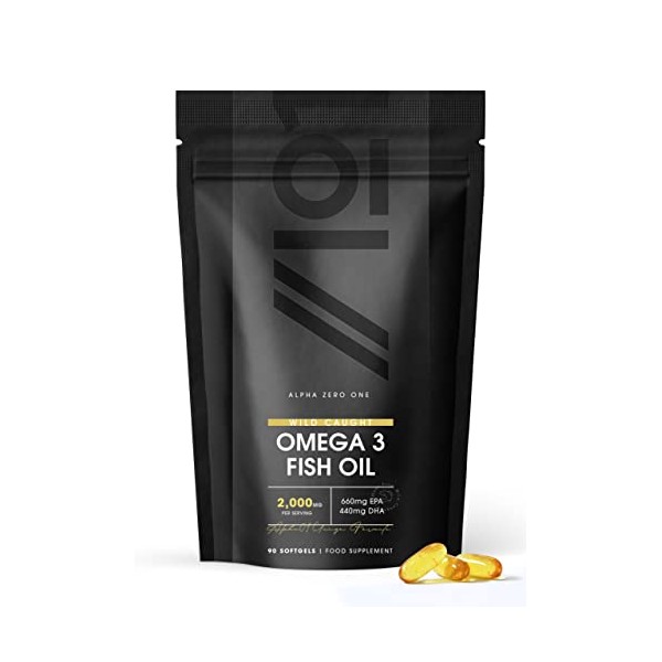 Omega 3 Fish Oil 2000mg Capsules | Wild Caught Marine | 1000mg per Softgel 660mg EPA 440mg DHA | Extra Strength Food Supplement | Halal. 90 Softgels (45 Day Supply)