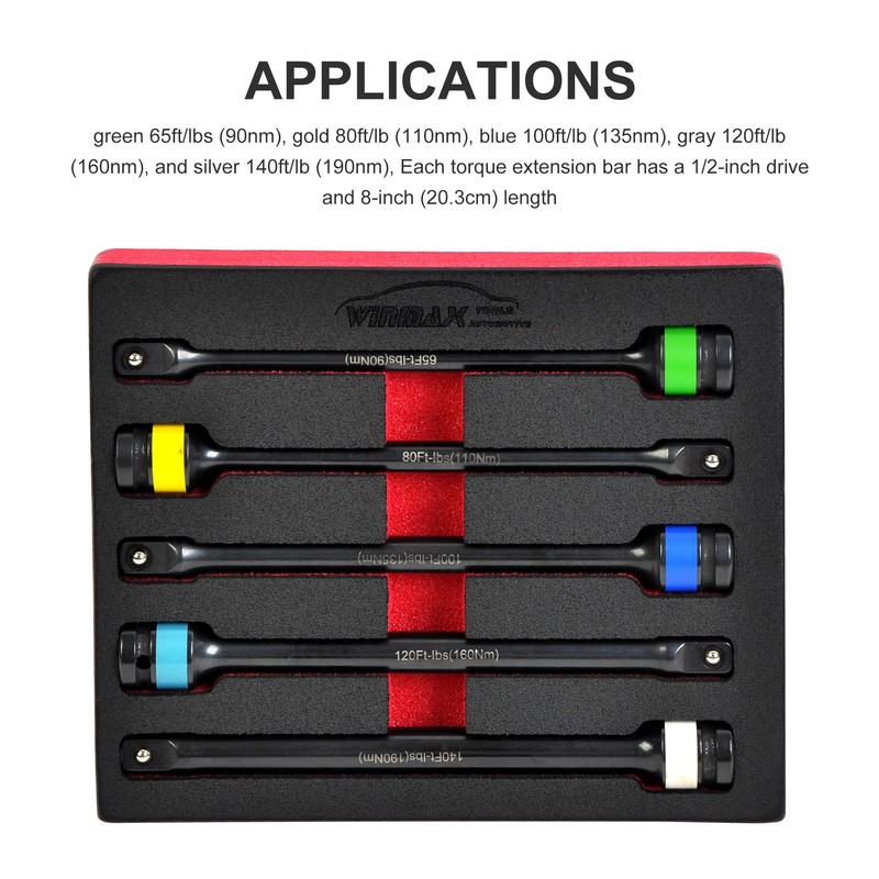 5PCS 1/2 in. Drive Torque Limiting Extension Bar Set, 65-140