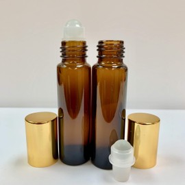 10ml [1/3 oz] EMPTY AMBER Glass Rollon Bottle with Plastic Roller & Aluminum Gold Caps [75 Pcs]