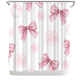 WELMECO Bow Shower Curtain Cute Bow Knot Girls Bathroom Decor Aesthetic Polyester Fabric Shower Curtain, 72x72inch with Hooks (Pink)