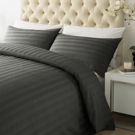 ED Luxury 250 Thread Count 100% Cotton Sateen Stripe Duvet Bed Cover with Housewife Pillowcases | 250 TC Hotel Striped Bedding (Double/Steel Grey)