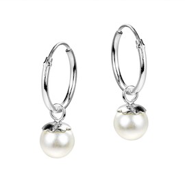 Hovering Moon Orbits White Faux Pearl .925 Sterling Silver Hoop Earrings