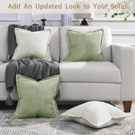 Volcanics Corduroy Decorative Throw Pillow Covers 18x18 Inch Set of 2 Soft Patchwork Textured Striped Square Cushion Cases, Rustic Farmhouse Boho Home Decor for Couch Bed Sofa Living Room, Sage Green