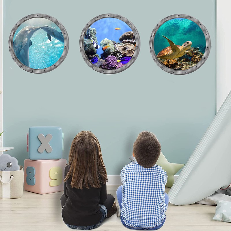 akindou 3D Wall Stickers Dolphins Sea Turtle Tropical Fish Wallpaper