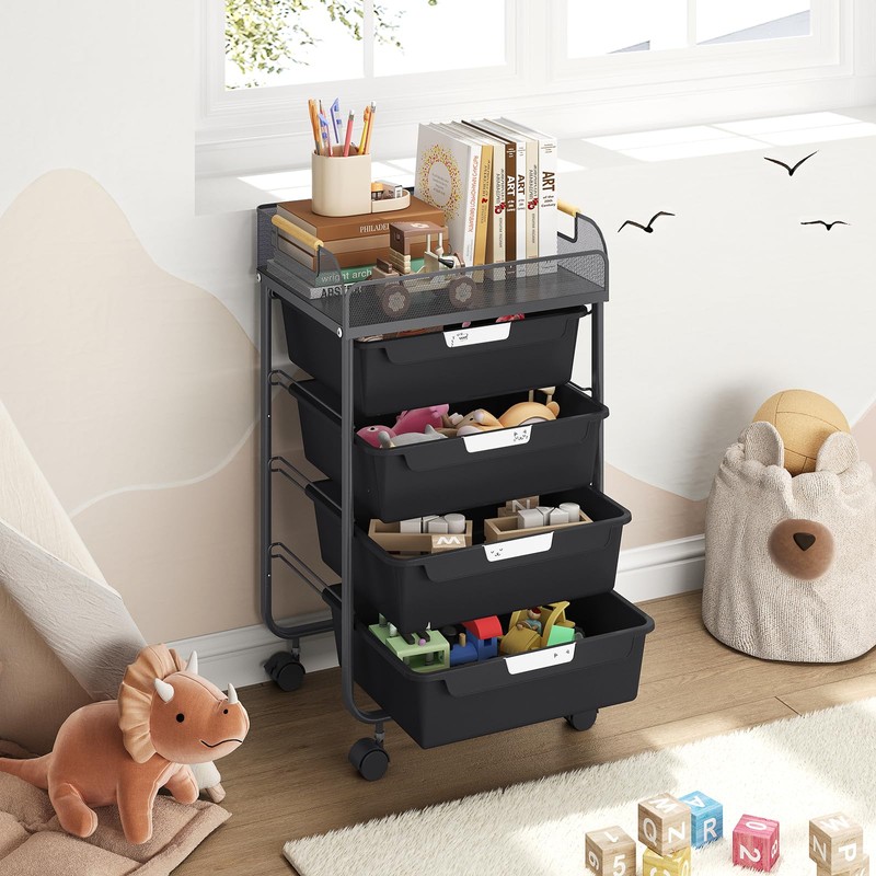 SYKIARIOL 4-Drawer Rolling Storage Cart with Mesh Top,Black