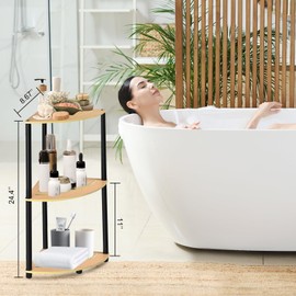 3 Tier Corner Shelf Stand with Metal Frame, 24.4'' Small Corner Shelf for Bathroom Countertop, Waterproof & Rustproof, Freestanding Storage Organizer for Kitchen Bedroom Living Room Small Space, Brown