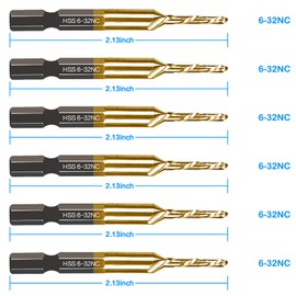 6-pc 6-32NC Combination Drill Tap Bit Set SAE, 6-32NC Thread Size, Titanium Coated High-Speed Steel, Ideal for Drilling Threading and Countersinking in Soft Metal Wood and Plastic, 1/4” Hex Shank