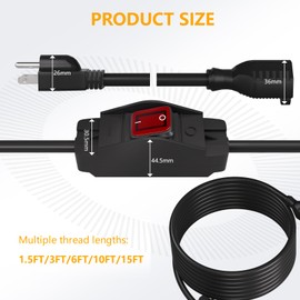 STARELO Extension Cord Near Waterproof Switch 3-Prong Outdoor 1875W Black Heavy Duty Extension Cord, 14/3 SJT Extension Cord,Control Switch ON/Off 15A 125V Grounded Plug Receptacle.（15FT,Black）
