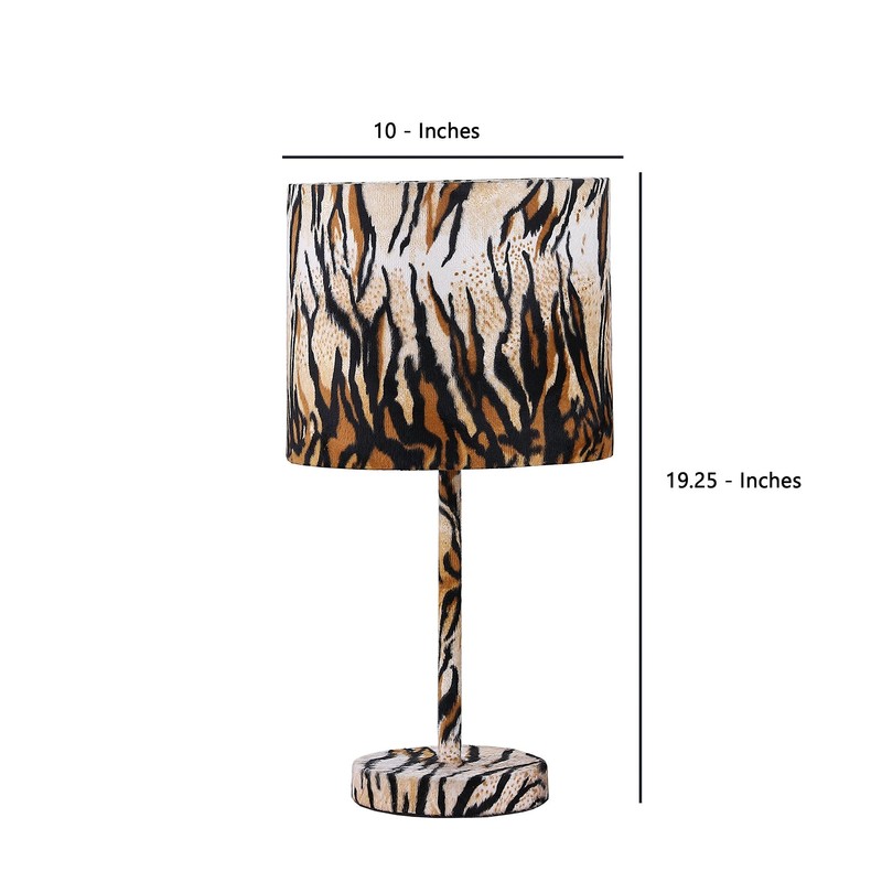 Benjara Fabric Wrapped Table Lamp with Striped Animal Print, Brown,