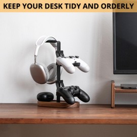 muso wood 2-in-1 Gaming Controller Stand, Headphone Stand, Walnut Controller Stand, Desktop Headset Stand for Game Controllers and PC Earphone Accessories