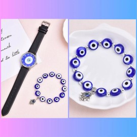 Unbranded Eye Quartz Watch Silver Real Leather Band/Eye Stretch Bracelet (Set)As Picture🧿