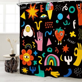 Miyotaa 70s Groovy Retro Shower Curtain Set 60Wx71H Inches Cute Funky Hippy Kids Cartoon Rainbow Trendy Colorful Polyester Waterproof Cloth Bathroom Curtain with 12 Hooks