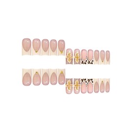 Medium Square Press on Nails French Tip False Nails with Leopard Print 3D Flower and Stars Designs Fake Nails Embossed Acrylic Nails Full Cover Stick on Nails for Women 24 Pcs (P-1, M-1)