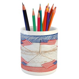 Lunarable 4th of July Pencil Pen Holder, USA Flags Forming a Pinwheel over Rustic Board Patriotic Theme, Printed Ceramic Pencil Pen Holder for Desk Office Accessory, Navy Blue White Vermilion