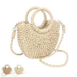 Minicloss Straw Beach Bag for Women Hand Woven Tote Bag, Woven Summer Handmade Shoulder Bag Beach Bag with Strap, Top Handle Handbag Straw Bag for Women Girls Holiday Travel Shopping Daily Use