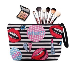 Funny Lips Print Makeup Bag for Women Girls Stripe Travel Cosmetic Pouch for Best Friend Bestie Anniversary Birthday Gifts for Daughter Fashionistas Lipstick Print Make up Organizer Makeup Lover Gift