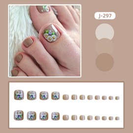 Short Square Press on Toenails Brown Fake Toenails Spring Summer False Toenails Flowers Stick on Toenails Glossy Glue on Toenails Full Cover Artificial Toenails Reusable Acrylic Toenails for Women