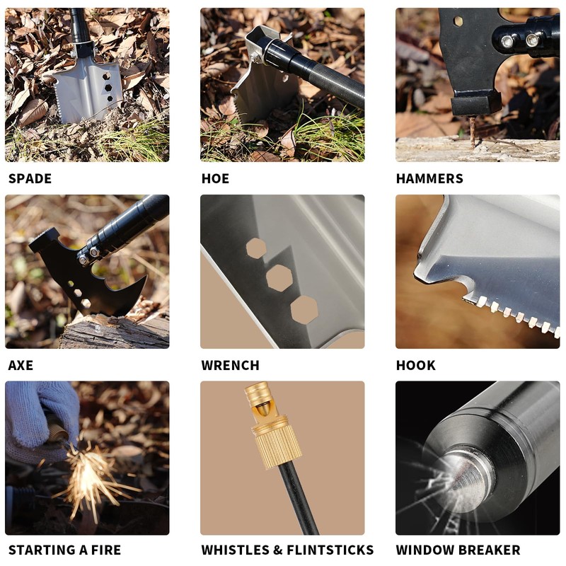 Camping Foldable Digging Shovel,MultiTool Steel Tactical Kit, Military Survival Shovel,