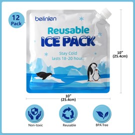 Belinlen 12pack 10"x10" Reusable Ice Packs for Coolers,Long Lasting Cold Freezer Packs Cooler Ice Packs for Lunch Bags,School, Beach, Fishing, Camping