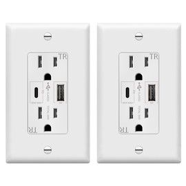 TOPGREENER USB Outlet, USB Type C Wall Outlet with 36W Power Delivery, 15A Duplex Tamper-Resistant Receptacle, USB C Outlet for Smartphones, Tablets, Laptops, TU215PD30AC-W-2PCS, White, 2 Pack