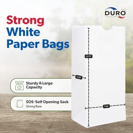 Duro 12# Large White Paper Lunch Bags 100 Count, Bulk Disposable Paper Lunch Sacks, SOS Bags for Bread, Bagel, Deli & Restaurant Takeout or Delivery - 7.06 x 4.50 x 13.75 Inches
