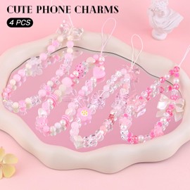 4 PCS Cute Phone Charms Aesthetic Y2K Cellphone Wrist Strap Bedazzling Bear Bow Butterfly Flower Heart Star Accessories Pink Beaded Phone Chain String for Bag Keychain Airpods Camera Pendants Decor