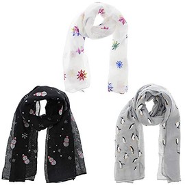 Zac's Alter Ego Set of 3 Ladies Lightweight Assorted Colour Rainbow Snowflakes/Mini Penguins/Snowmen & Snowflakes Christmas Festive Print Scarves