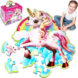 Girls Unicorn Floor Puzzle Toys: Unicorn Gifts for Girls - Puzzles for Kids Ages 4 5 6 7 8 9 - Unicorn Toys Glittery Pink 45-Piece Puzzle - Educational Games to Foster Toddlers Motor Skills