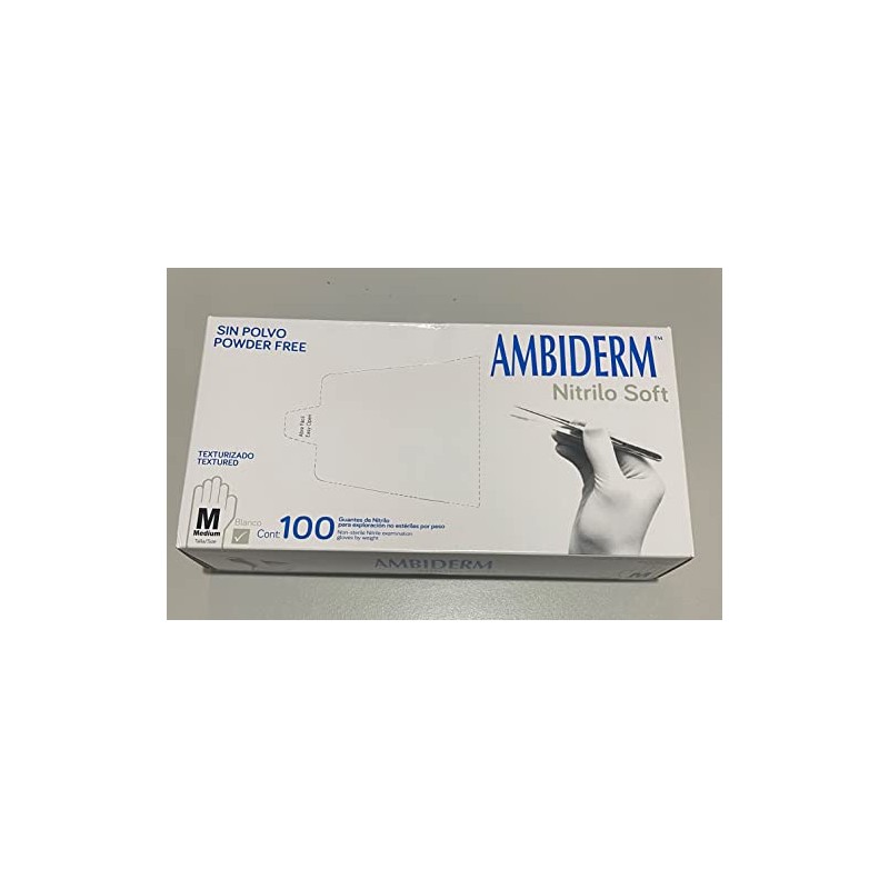 Guante de Nitrilo Soft Blanco Ambiderm Talla Mediana Sin Polvo