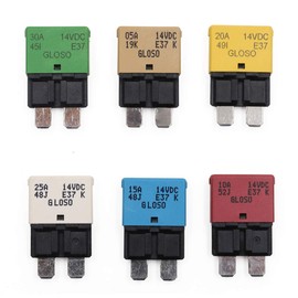 Gloaso DC 12V Auto Reset Fuse Circuit Breaker ATO/ATC Low Profile 5A 10A 15A 20A 25A 30A - UL Certified - Type I Blade Self Resetting Fuses Breakers for Automotive, Car, RV, Solar, Boat, 6 Pack