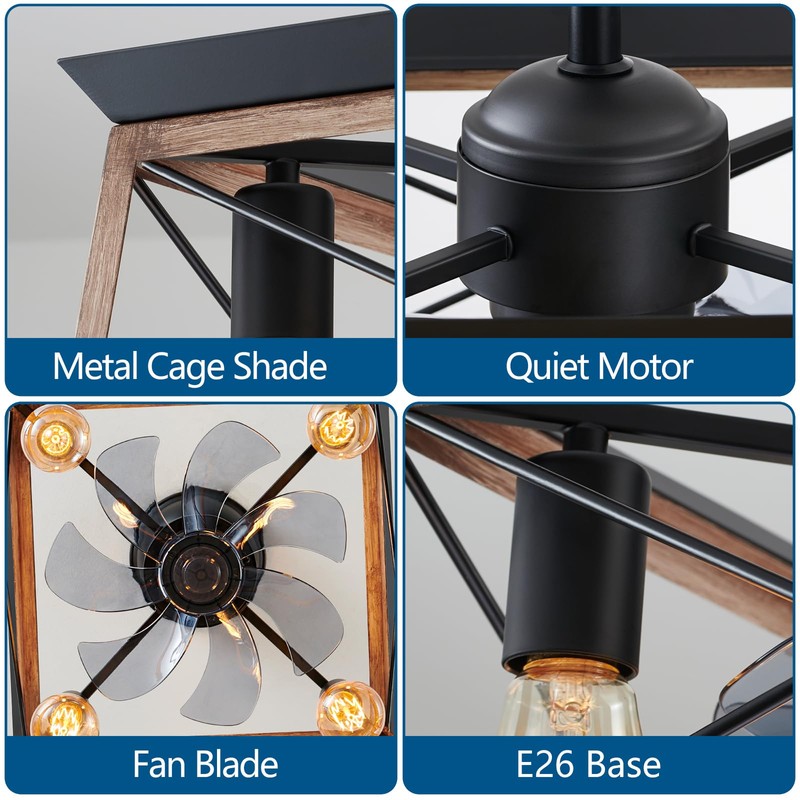 Dalouguan Farmhouse Ceiling Fan with Light, 4-Light Walnut Caged Ceiling