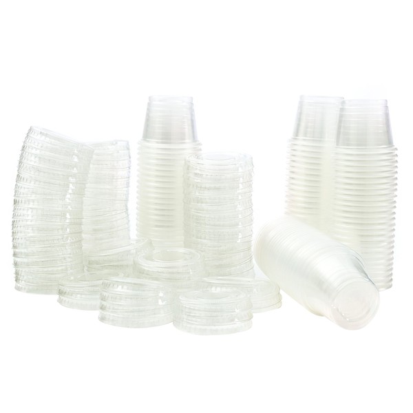 Plastic Jello Shot Cups By Green Direct - Disposable 1 oz Clear Cups With Lids - Useful for any Party for Souffle Dessert or Ice Cream for hot & cold - Portion Condiment Sample Cup Pack of 100