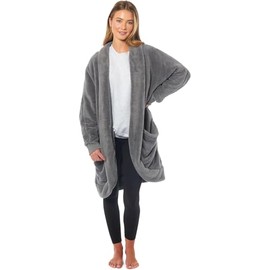 BLOOM BLENDS Women's Soft Fleece Cardigan Gown – Warm Plush Long Dressing Gown with Pockets, Lightweight Cozy Bathrobe for Comfort & Loungewear (UK, Alpha, One Size, Regular, Regular, S-M, Charcoal)
