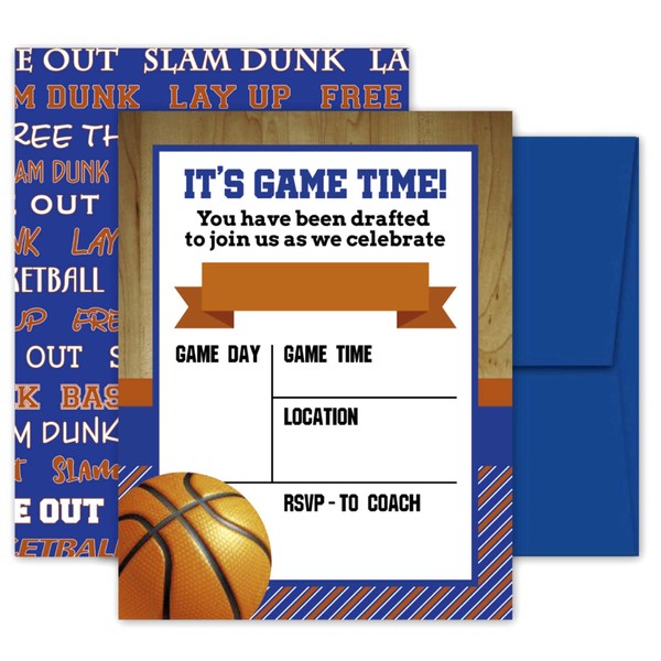 Deluxe Basketball Party Invitations, Birthday, Sports Game, Baby Shower Invites- 20 Large Double Sided 5 x 7 Inch Cards with Blue Envelopes Made in the USA