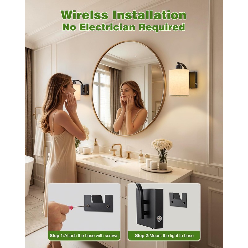Powfloven Rechargeable Wall Sconces Set of 2, 12000mAh Black Dimmable