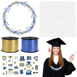 50 Set Graduation Party Candy Leis Making Kit Include 50 Pcs Lei Tubing 2 Rolls Ribbons 12 Sheets Graduation Stickers Decals Candy Filler for Graduate Party Gifts, Blue Gold