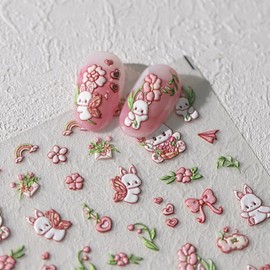 Spring Flower Nail Art Stickers 5D Embossed Bunny Flowers Nail Decals 1PCS Pink Floral Bow Green Leaf Cute Bunnies Easter Nails Design Adhesive Stickers Manicure Accessories for Women Nail Decoration
