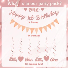 Happy 1st Birthday Banner Decorations - Rose Gold First Birthday Banner Bunting Set for Girl, Glitter Heart Letter Swirl Hanging for Boby One Birthday Party Supplies