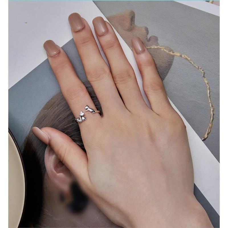 IMINI Cute Cat with Love Heart Open Statement Ring 925