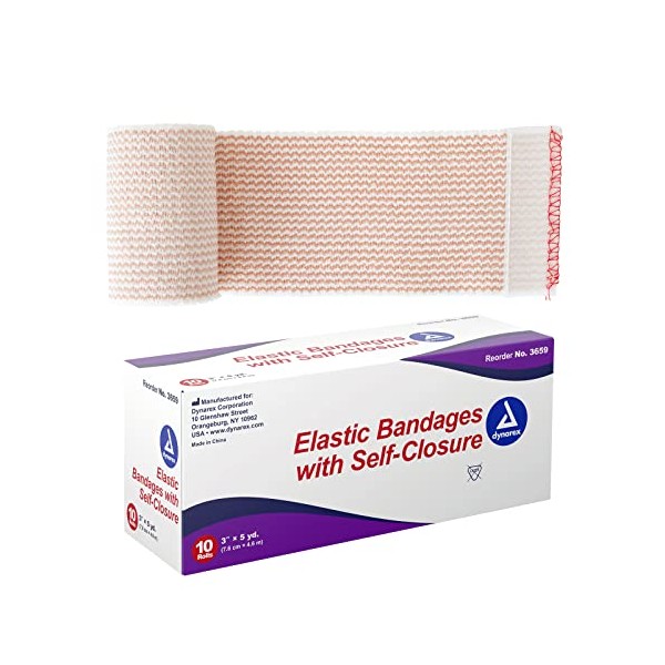 Dynarex Elastic Bandages with Self-Closure, Outstanding Compression and Stretch, Latex-Free Elastic Bandages with Velcro Closure, 3" x 5 yds, 1 Box of 10 Elastic Wrap Bandages