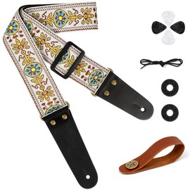 Aucuu Guitar Strap, 2 Inch Vintage Embroidered Cotton Guitar Strap, Adjustable Guitar Strap, Genuine Leather Ends for Bass Electric Acoustics, with Strap Button, 2 Strap Locks, 4 Guitar Picks, #6 Sun