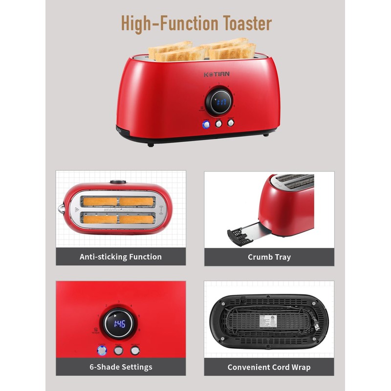 Toaster 4 Slice,KOTIAN Retro Long Slot Toasters with Countdown Timer,Stainless