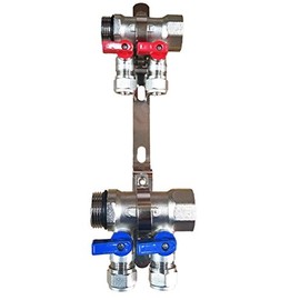 1" 2-Loop/Port Ball Valve Brass Pex Manifold for 1/2" Pex Tubing w/brackets
