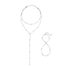 FDEETY 2 Piece Women's Jewellery Set Fashion Simple Geometric Tassel Beads Necklace Multi Layer Temperament Long Bracelet Necklace Set, Copper