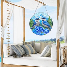 VAIIEYO Bird Diamond Art Hanging Ornament, Flower Diamond Painting Suncatchers Window Hanging Kit with Chain, 7.5x7.5 inch Crystal Pendant Art Craft for Gift Home Wall Front Door Outdoor Decoration