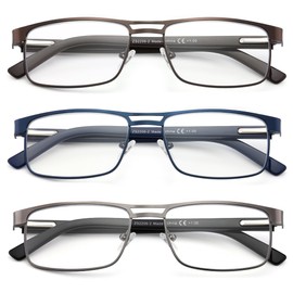 FEIVSN Metal Reading Glasses For Men, Blue Light Blocking Computer Readers Full Rim Rectangle Eyeglasses Spring Hinge, 3 Pack: Black/Brown/Blue, +2.00
